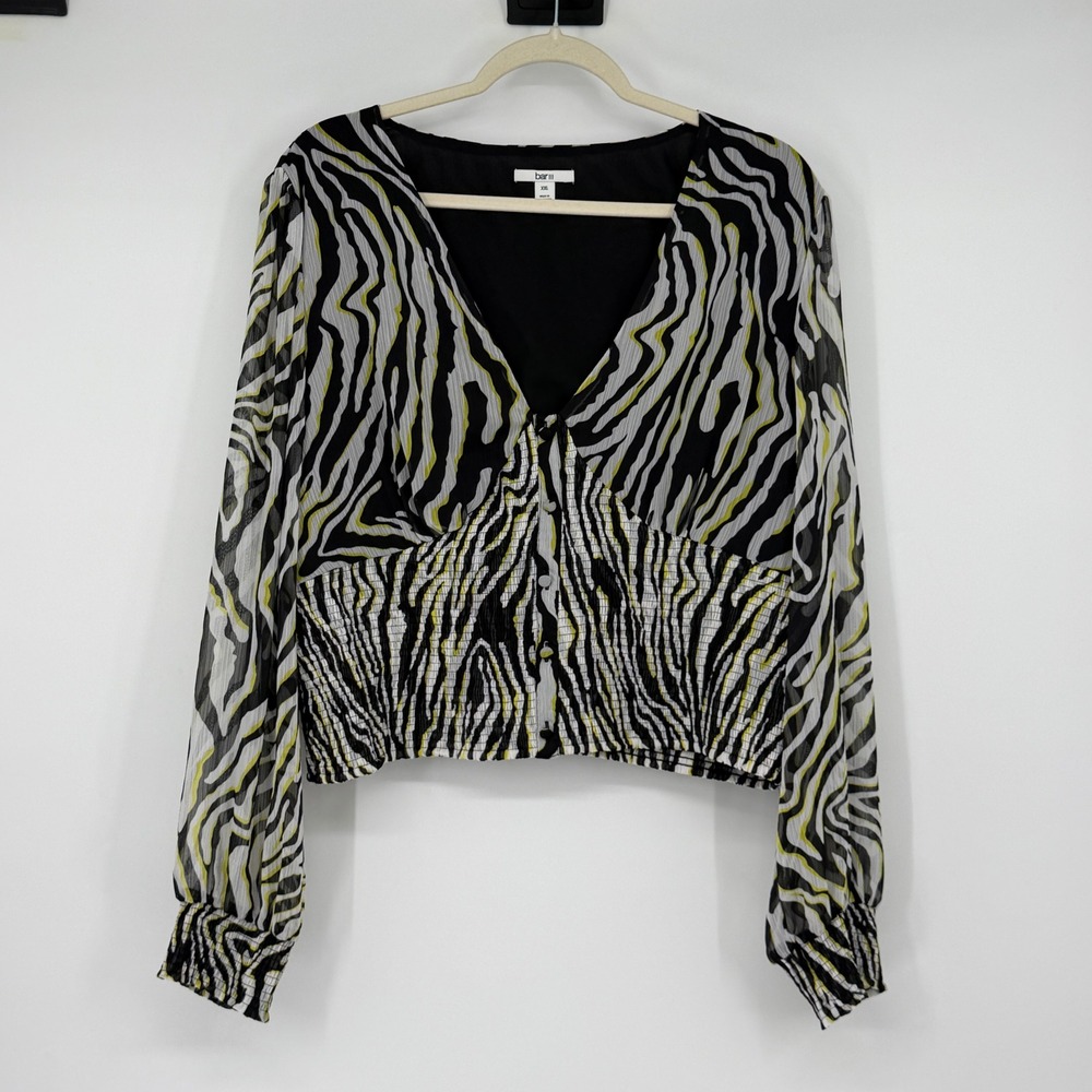 Bar III Zebra Print Smocked Waist V-Neck Blouse Black White Yellow XXL